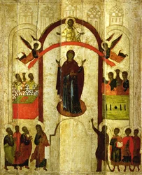 Ruská ikona Ochrana Theotokos (Matky Boží) z kláštera Zverin, 1399 (tempera na panelu)